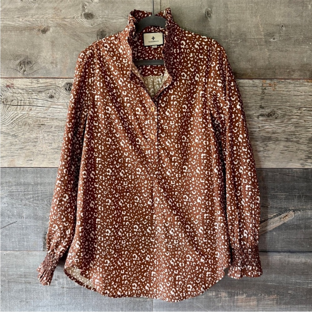 Tuckernuck Womens Ruffle Collar Popover Blouse XS Leopard Print Brown Preppy